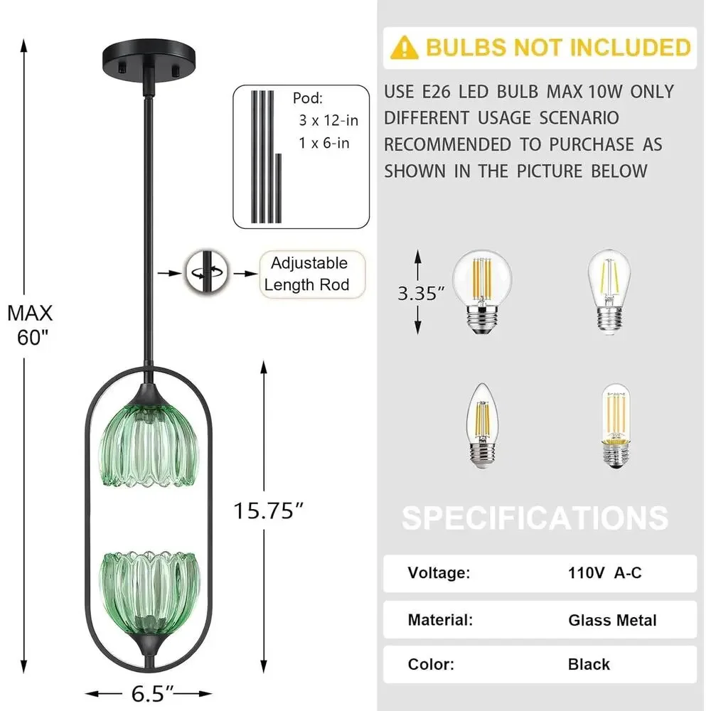 2 Light Tulip Green Glass Hanging Indoor Kitchen Island Pendant Ceiling Light